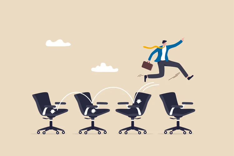 Job hopping, change many jobs in short time, move to new better career or position, cheerful businessman candidate jumping from office chair to new office metaphor of often changing job. (Getty Images)