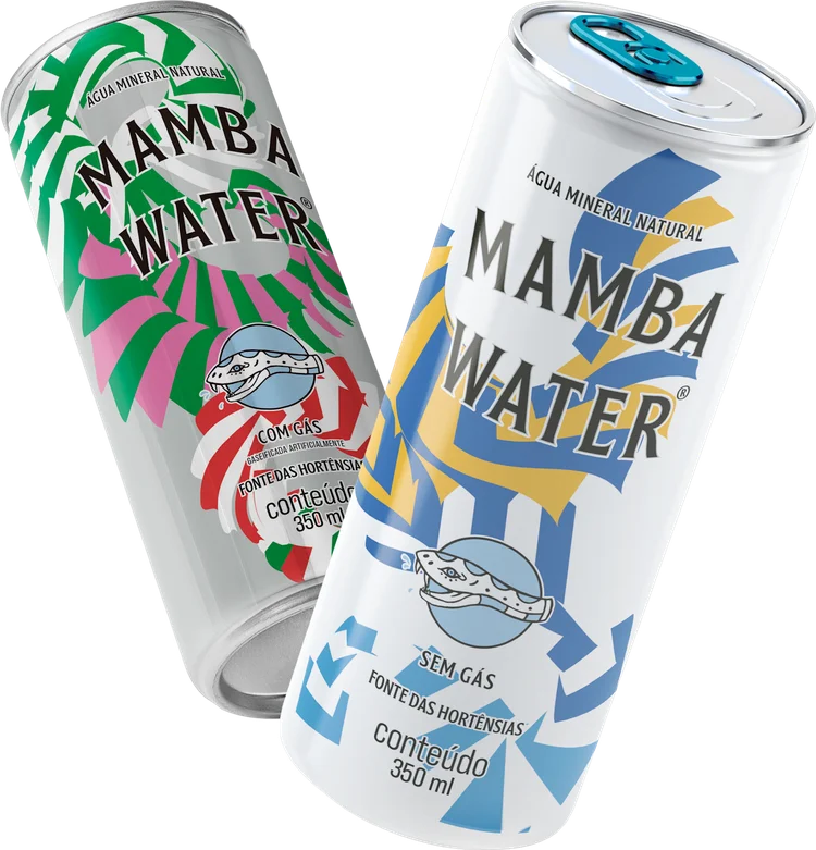 A Mamba Water, dos sócios Pedro Scooby e Letícia Bufoni, é a primeira marca de água a nascer 100% em latas de alumínio (Mamba Water/Divulgação)