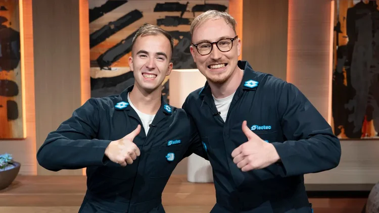 Luke St. Amand (à esquerda) e Jared Ebersole no “Shark Tank” da ABC (Disney/Christopher Willard)