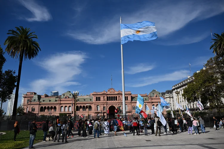 People attend a protest against the agreement between the Argentina's government and the International Monetary Found at Plaza de Mayo square as US Treasury Secretary Scott Bessent meets with President Javier Milei at Casa Rosada presidential palace in Buenos Aires on April 14, 2025. (Photo by Luis ROBAYO / AFP) (Luis Robayo/AFP)