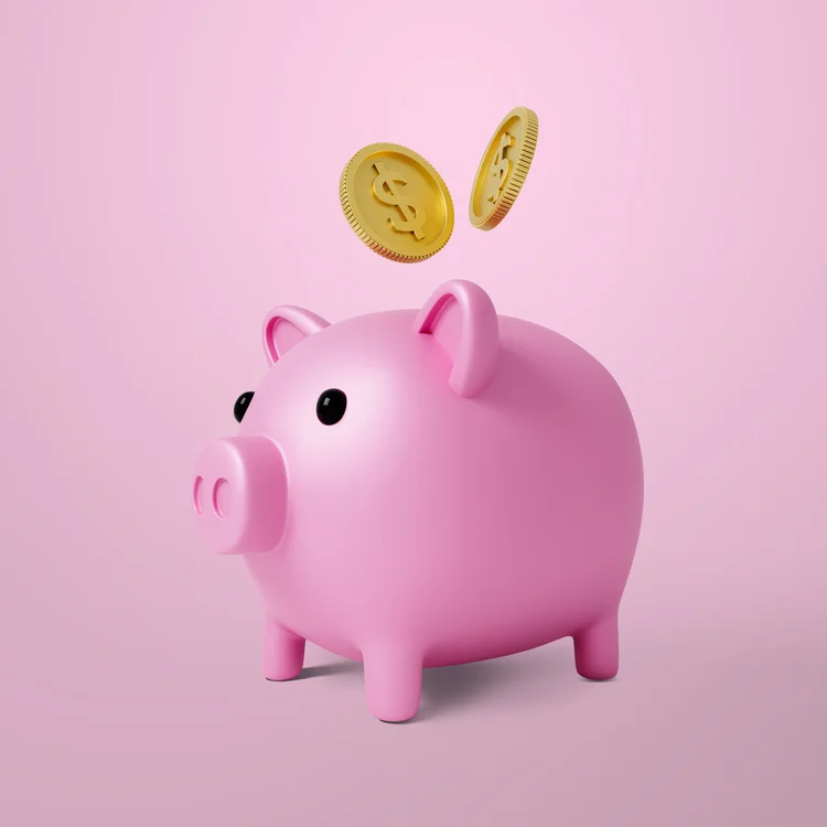Dollar coins flying over pink piggy bank, Saving concept, PSD (Freepik)