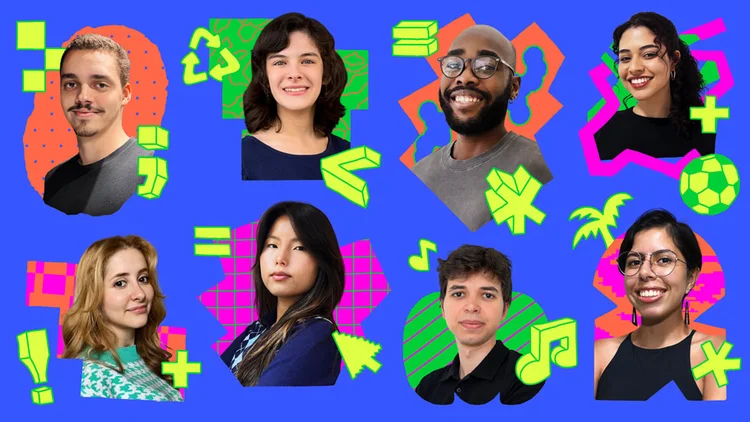 Em 2025, o Swift Student Challenge da Apple reconheceu oito Distinguished Winners do Brasil. Na imagem, no sentido horário a partir do canto superior esquerdo: Felipe Mussi Ferreira Peixoto, Nina Guelman, João Pedro, Marília Luz dos Santos, Letícia Lima de Souza, Thiago Parisotto Dias, Larissa Ayumi Okabayashi e Carolina Quiterio. (Divulgação)