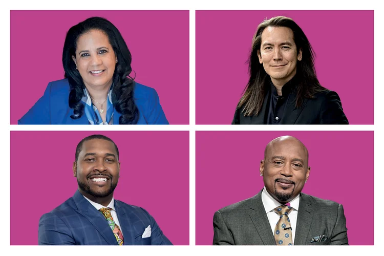 De cima para baixo em sentido horário: Aicha Bascaro, fundadora da American Franchise Academy, Mike Walsh, futurista e CEO da consultoria Tomorrow, Phillip Scotton, franqueado com 22 lojas da Ben & Jerry’s e duas da Starbucks e Daymond John, fundador da grife Fubu e jurado do Shark Tank (Divulgação,Pier Marco Tacca/Getty Images, Divulgação, Disney/Christopher Wi/Getty Images)