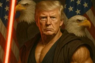 Imagem referente à matéria: Casa Branca publica imagem de Trump gerada por IA como personagem de Star Wars com sabre de luz