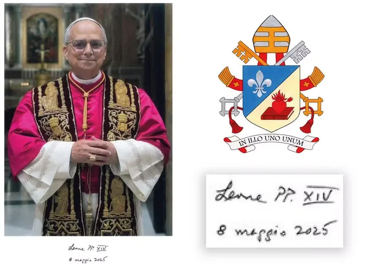 Foto oficial do Papa Leão XIV, brasão e detalhe de sua assinatura ( Vatican News)