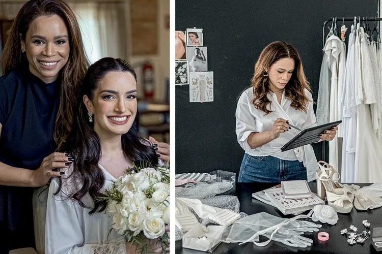 Tatiane Alves e a noiva Flávia Damiani: a empresária deve atender 40 noivas em 2025  (Victor Rocha e Daniel Goes/Divulgação)