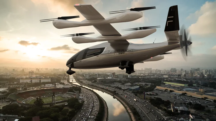 A Eve (Embraer) deve contar com 30 mil eVTOLs em operação até 2045, suficientes para transportar cerca de 3 bilhões de passageiros (Embraer / Divulgação)