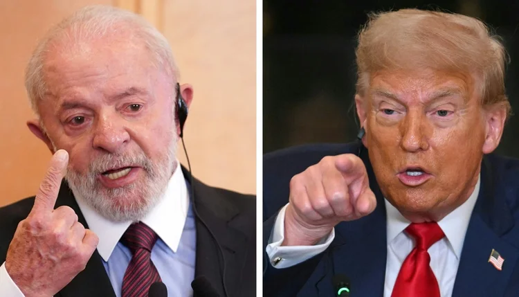 O presidente Donald Trump anunciou uma tarifa de 50% em 9 de julho de 2025, visando o Brasil (Kazuhiro NOGI e Jim WATSON / AFP)