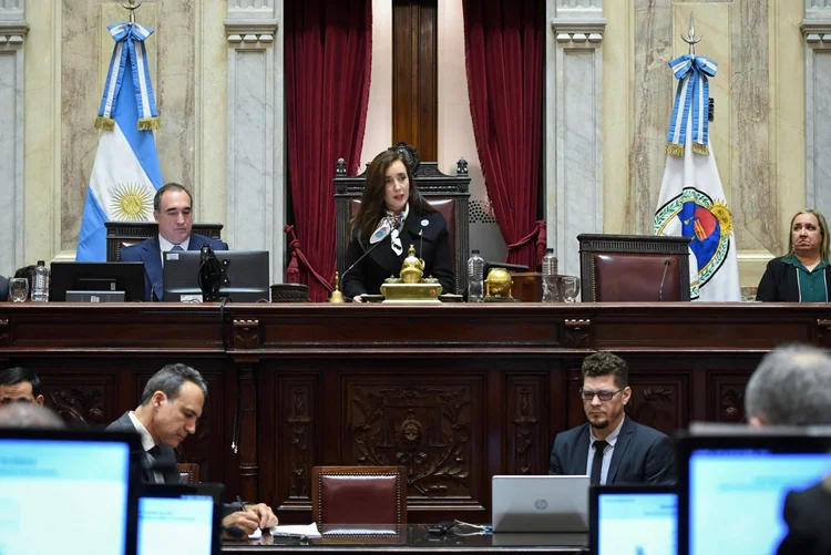 Vice-presidente Victoria Villarruel discursando durante sessão para debater aumentos de pensões e projeto de lei de emergência para pessoas com deficiência no Congresso Nacional, em Buenos Aires, em 10 de julho de 2025 (Sofia ARECO / ARGENTINA'S SENATE / AFP)