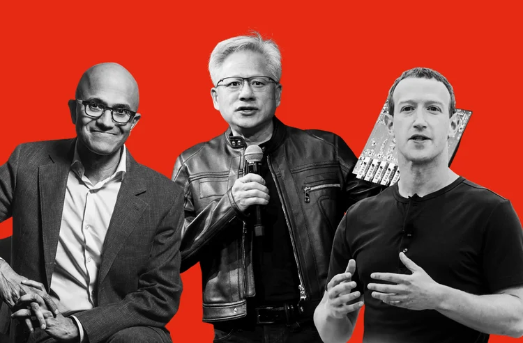 Satya Nadella (Microsoft), Jensen Huang (Nvidia) e Mark Zuckerberg (Meta) (Montagem EXAME/Getty Images)
