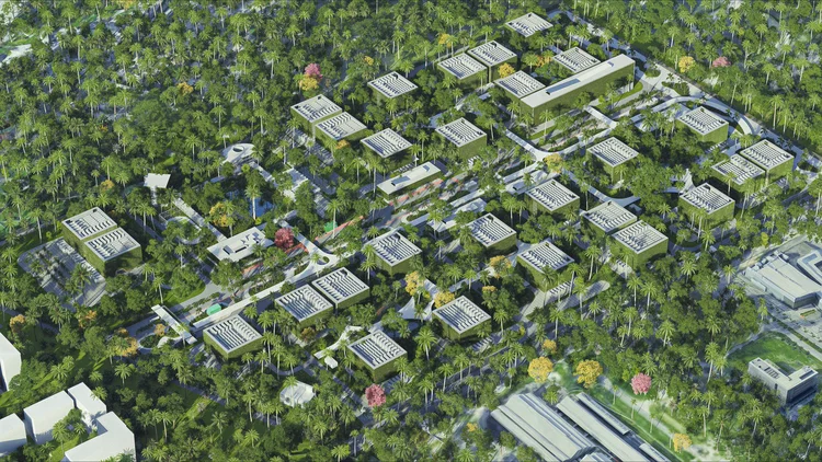 Projeção do projeto Rio AI City, que planeja instalar data centers perto do Parque Olímpico (Hyphen/Divulgação)