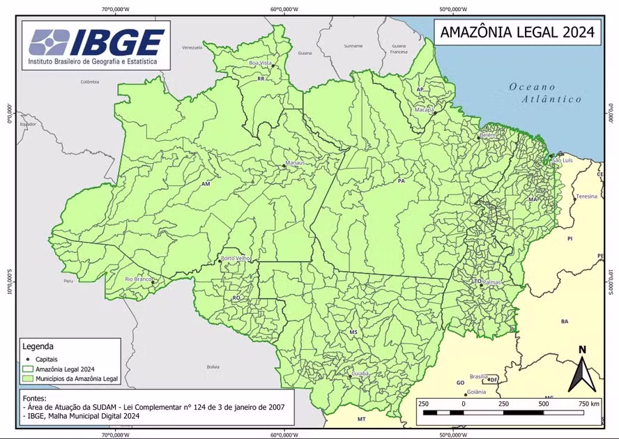 IBGE inverte Mato Grosso com Mato Grosso do Sul e omite o Acre em mapa da Amazônia Legal