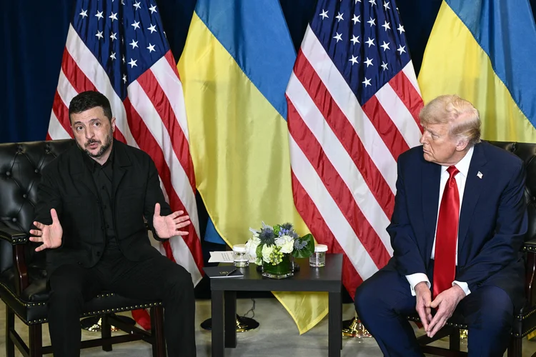 US President Donald Trump holds a bilateral meeting with Ukraine's President Volodymyr Zelensky on the sidelines of the United Nations General Assembly in New York City on September 23, 2025. (Photo by Brendan SMIALOWSKI / AFP) (Brendan Smialowski/AFP)