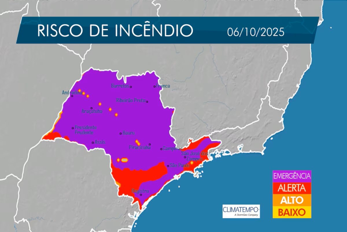 Calor e seca colocam quase todo o Estado de São Paulo em emergência por risco de incêndios
