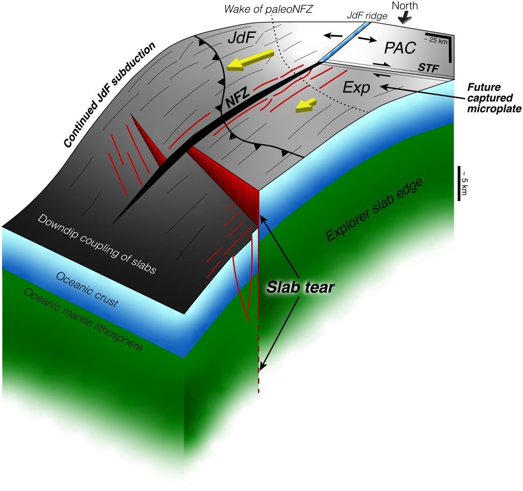 Zona de subducção de Cascadia, na região da placa tectônica norte-americana, com as placas Juan de Fuca (JdF) e Explorer. Desenho indica um profundo 