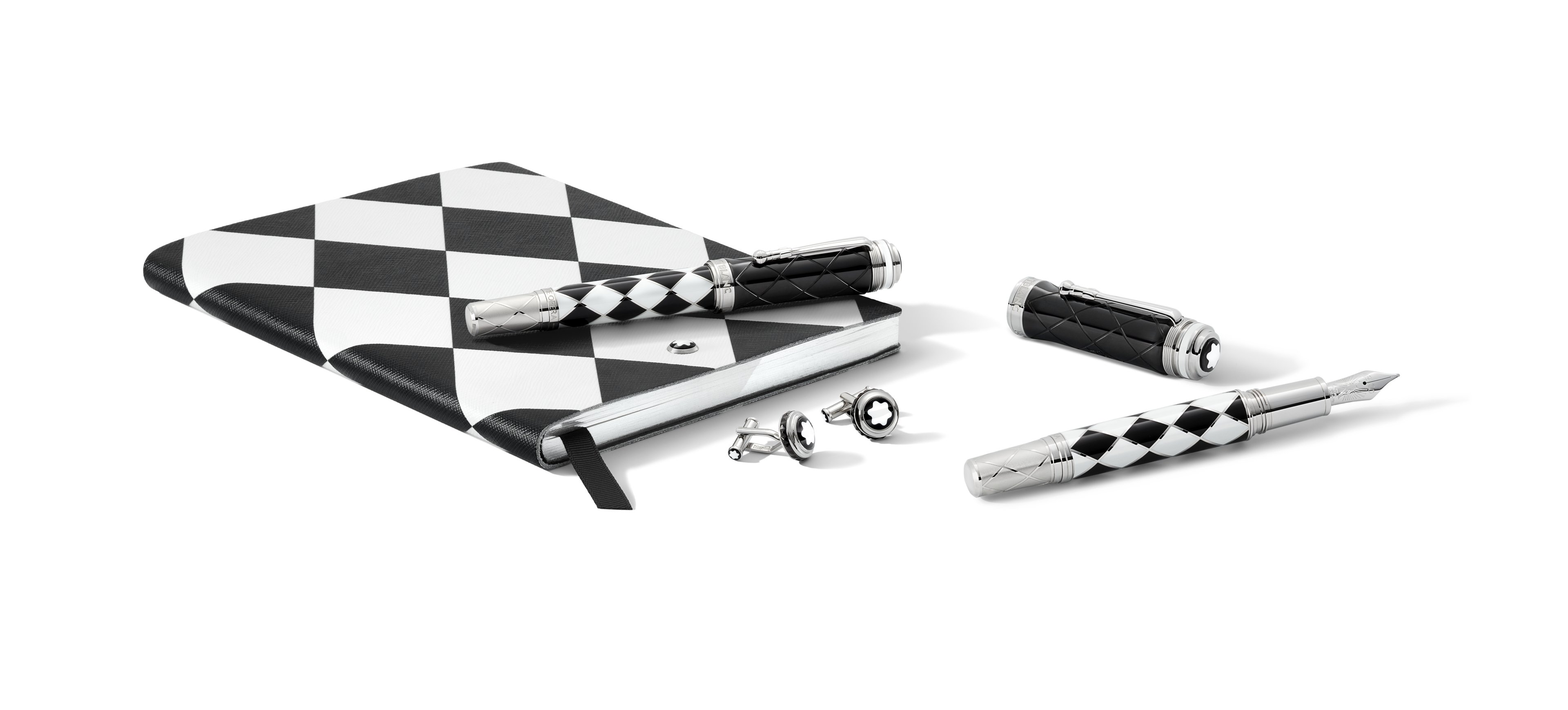 Caneta Montblanc Queen Limited Edition 1975 com corpo preto e branco e tampa PVD preto com retratos da banda.