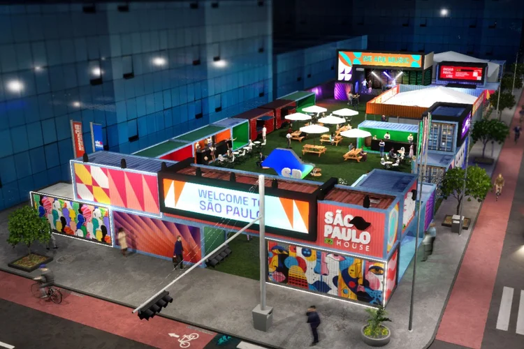 Projeção digital da SP House 2026, que ocupará 2.200 m² em novo endereço na Congress Avenue, em Austin, durante o SXSW (Divulgação)