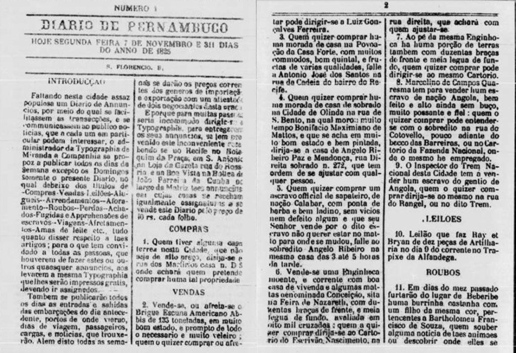 Primeira edição do Diário de Pernambuco: edição de estreia tinha anúncios de venda de escravos