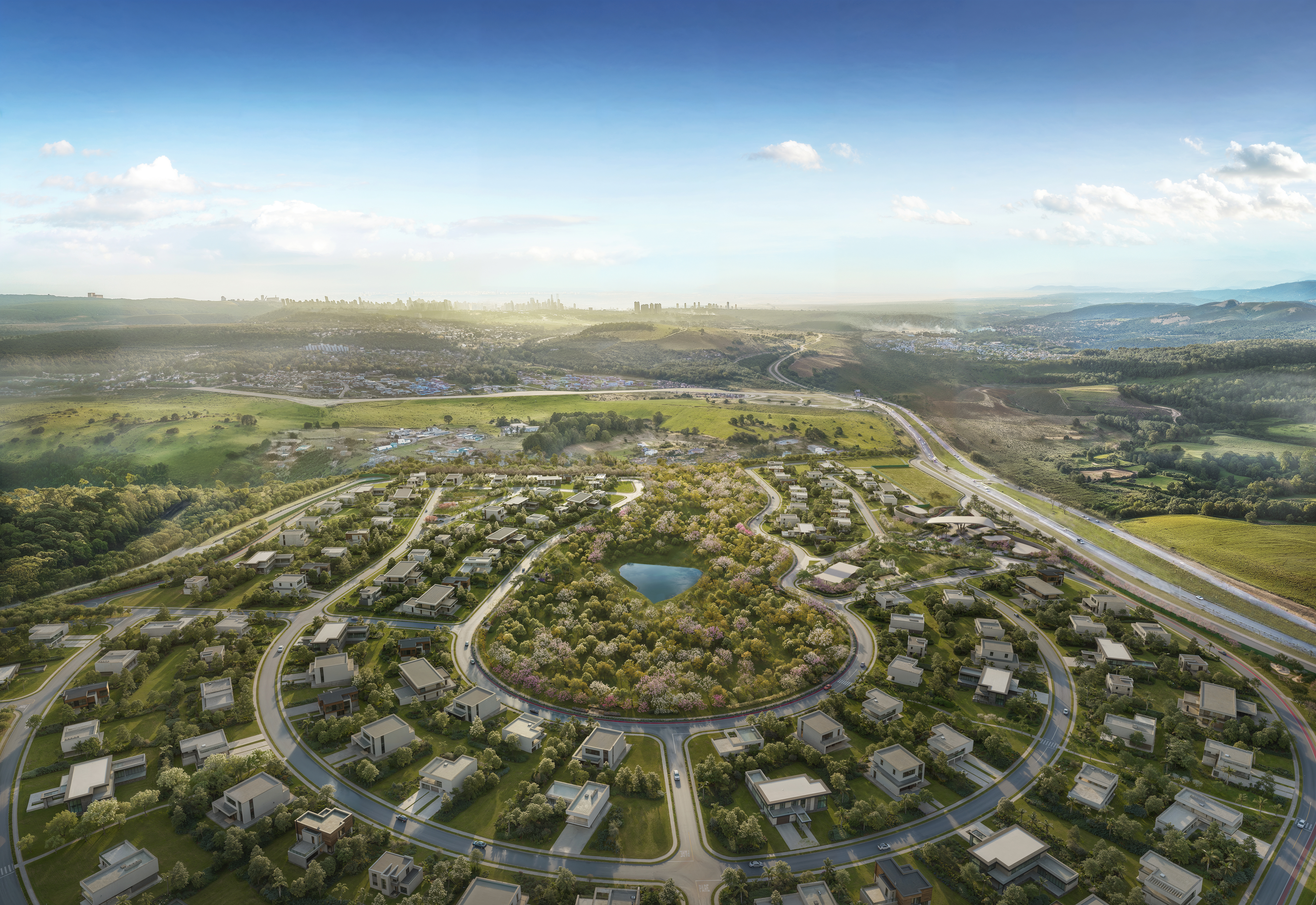 O projeto ocupa um terreno de 849 mil metros quadrados, dos quais 117 mil metros quadrados são de área de preservação permanente, com nascente e lago natural, e os lotes partem de 600 metros quadrados.