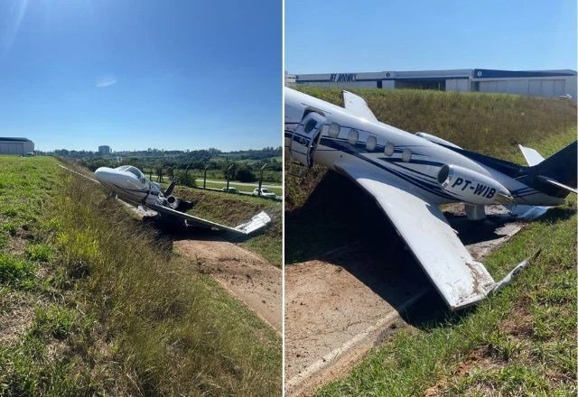 Jato sai da pista e colide contra barranco ao pousar em aeroporto de Jundiaí