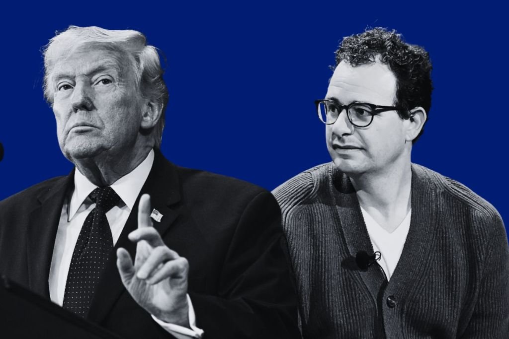 Montagem fotográfica mostrando Donald Trump e o CEO da Anthropic, Dario Amodei, representando as negociações entre a empresa de inteligência artificial e o governo dos EUA sobre o modelo Claude Mythos Preview.