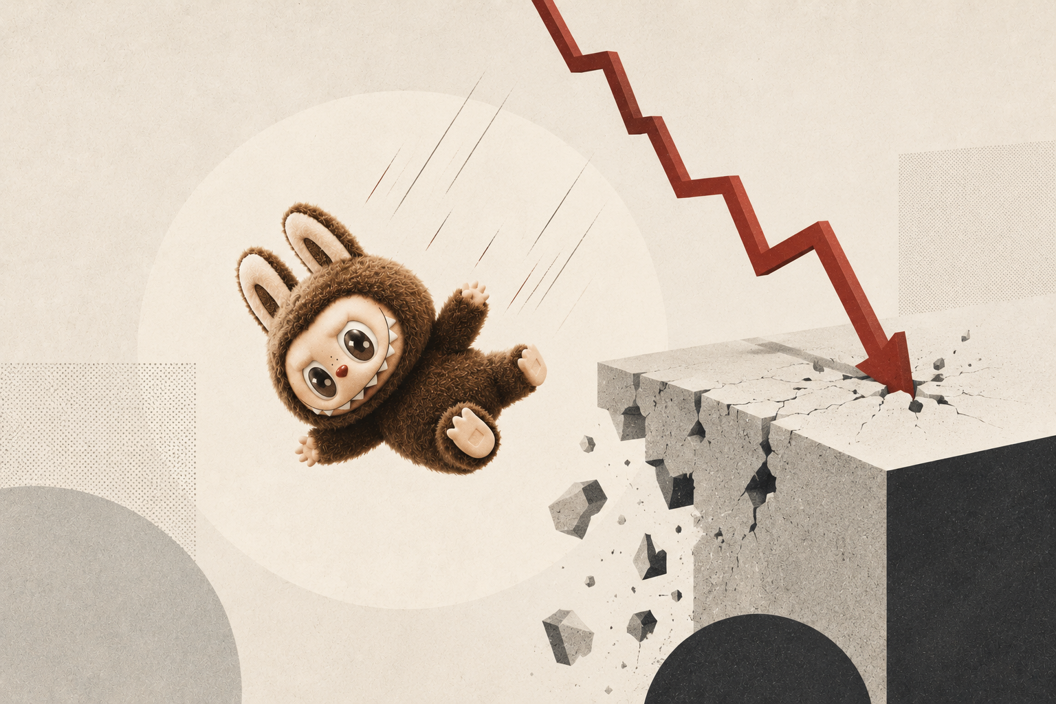 Ilustração editorial mostra uma Labubu despencando no vazio ao lado de uma seta em queda livre. A composição simboliza a perda de valor e o esfriamento da febre global pelos bonecos colecionáveis, transformando a queda de popularidade em uma metáfora visual de mercado.