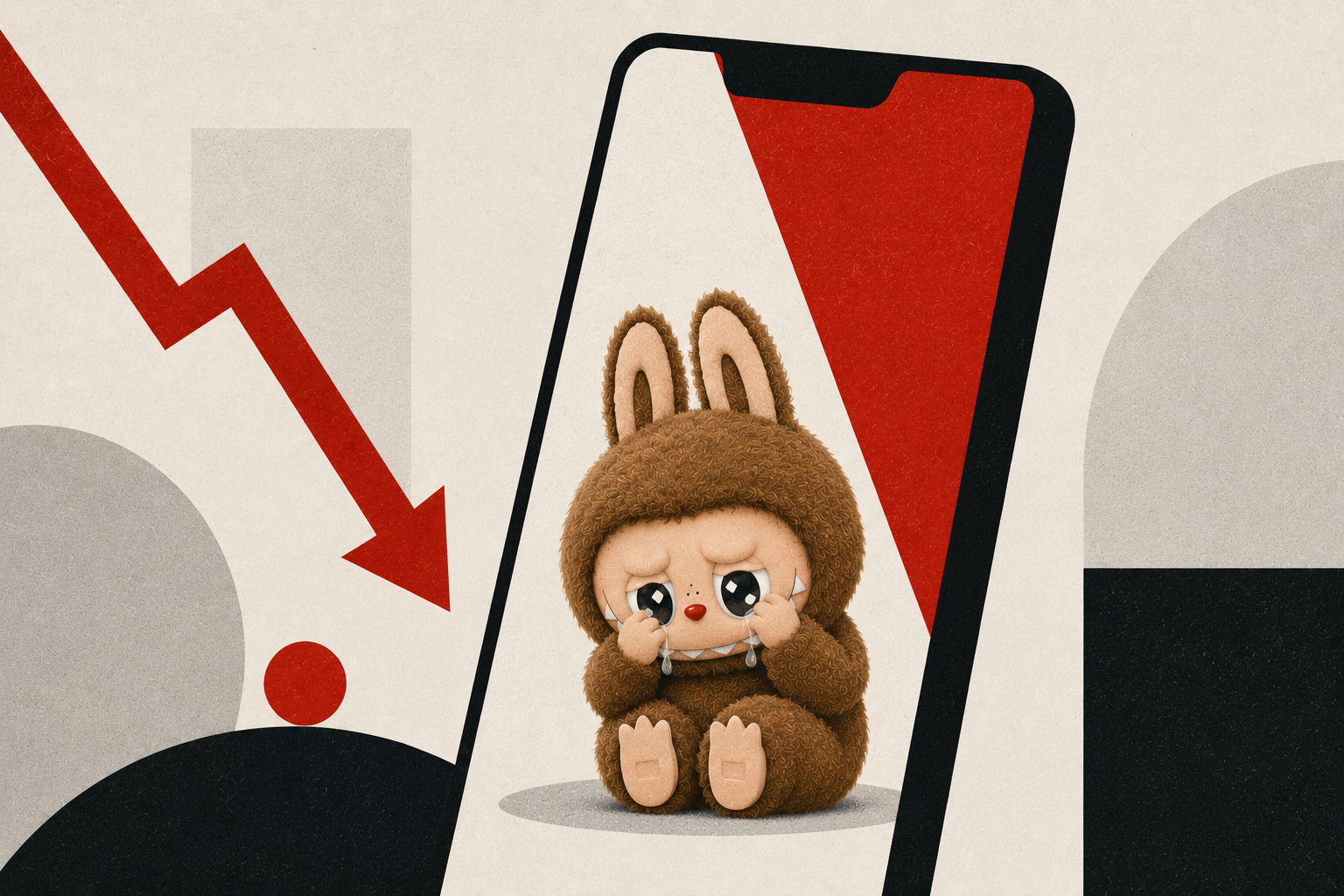 Uma Labubu aparece chorando dentro de um smartphone estilizado enquanto uma seta descendente domina a composição. A imagem simboliza a desaceleração do entusiasmo nas redes sociais e a perda de força de um dos maiores fenômenos virais do mercado de colecionáveis.