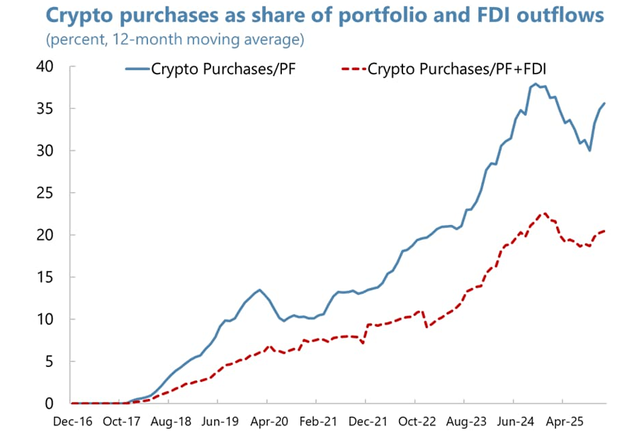 Compras de criptoativos comparadas a outros fluxos, como o investimento estrangeiro direto (FDI). Crédito: FMI