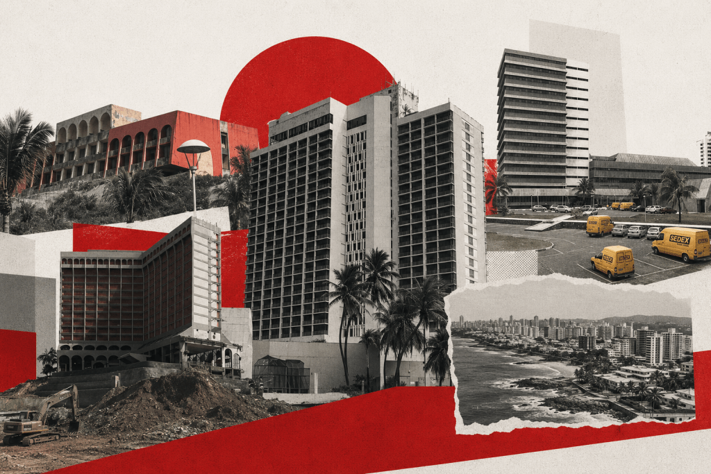 Montagem editorial reúne prédios icônicos de Salvador adquiridos ou requalificados pela Moura Dubeux, incluindo o antigo edifício dos Correios, o Bahia Othon Palace, o Pestana e outras construções da orla.