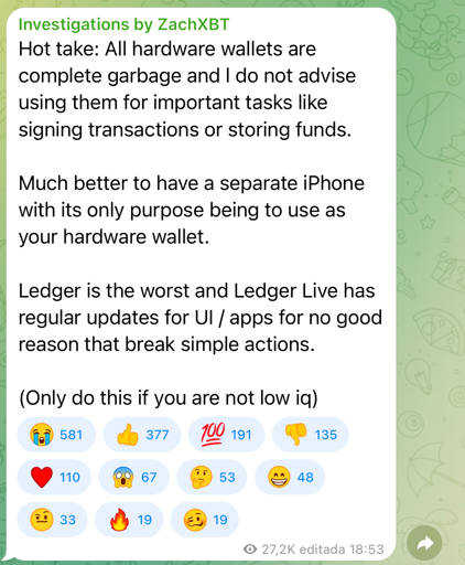 Postagem de ZachXBT em seu canal no Telegram