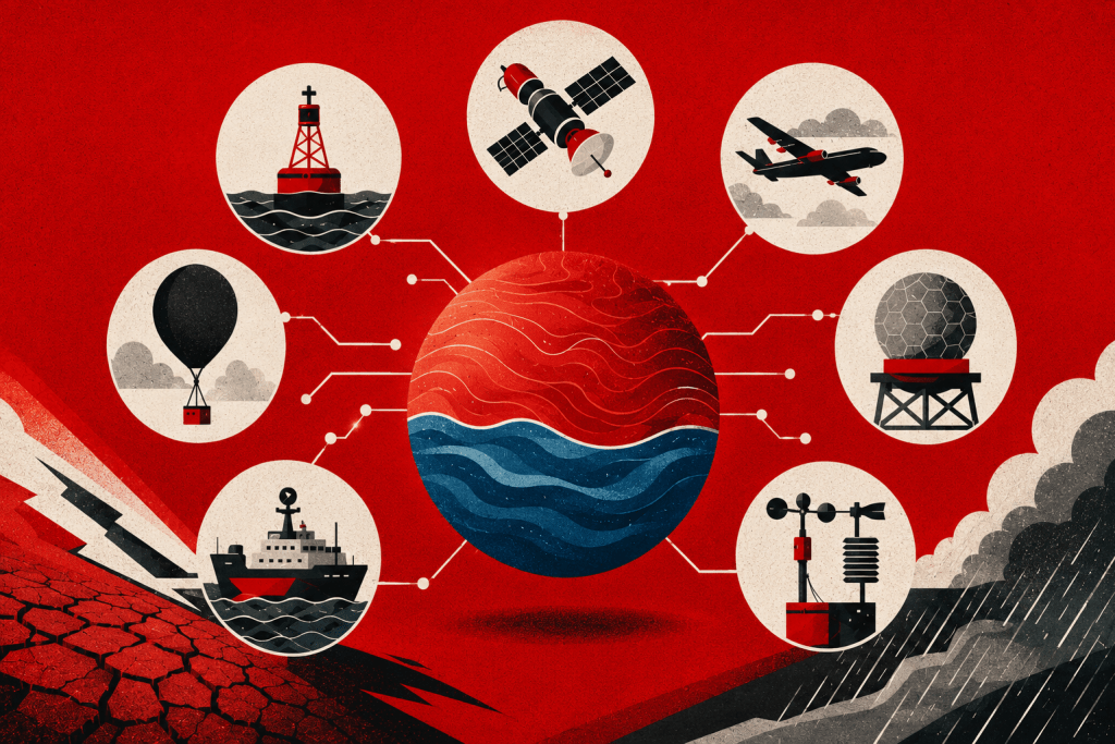 Ilustração editorial sobre monitoramento climático, com uma esfera central dividida entre vermelho e azul, cercada por ícones de satélite, avião, boias, navio, radar e estação meteorológica. Ao fundo, predominam tons de vermelho, com seca à esquerda e tempestade à direita.