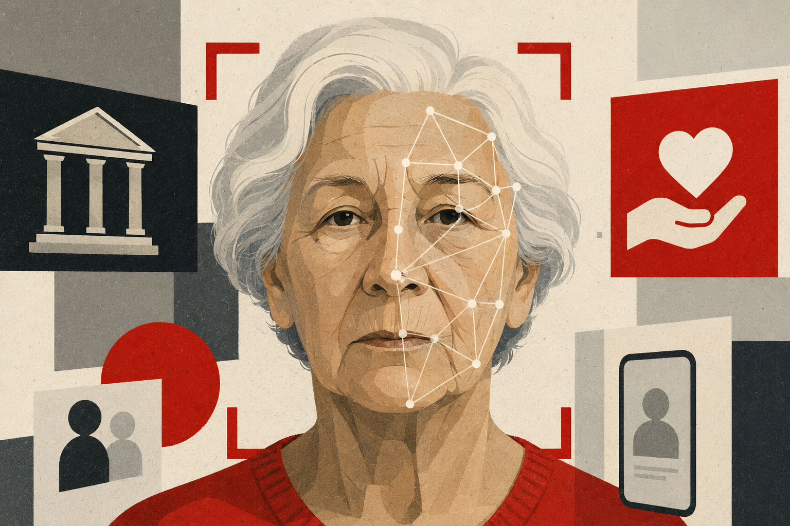 Ilustração editorial de uma mulher idosa ao centro, com traços geométricos e uma malha de reconhecimento facial sobre o rosto, cercada por ícones abstratos de banco, benefício social, identidade digital e celular.