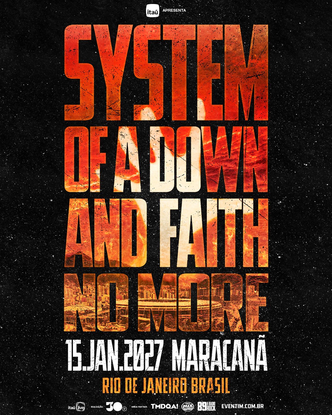 Cartaz oficial do show das bandas System Of A Down e Faith No More no Estádio do Maracanã em janeiro de 2027