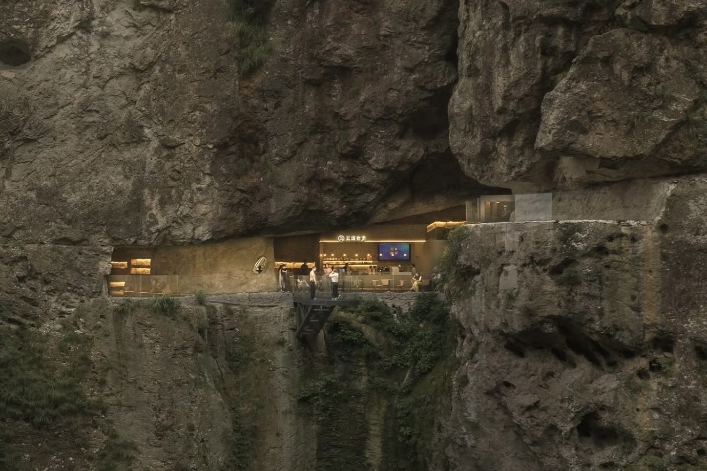 A cafeteria que funciona dentro de uma caverna vulcânica suspensa