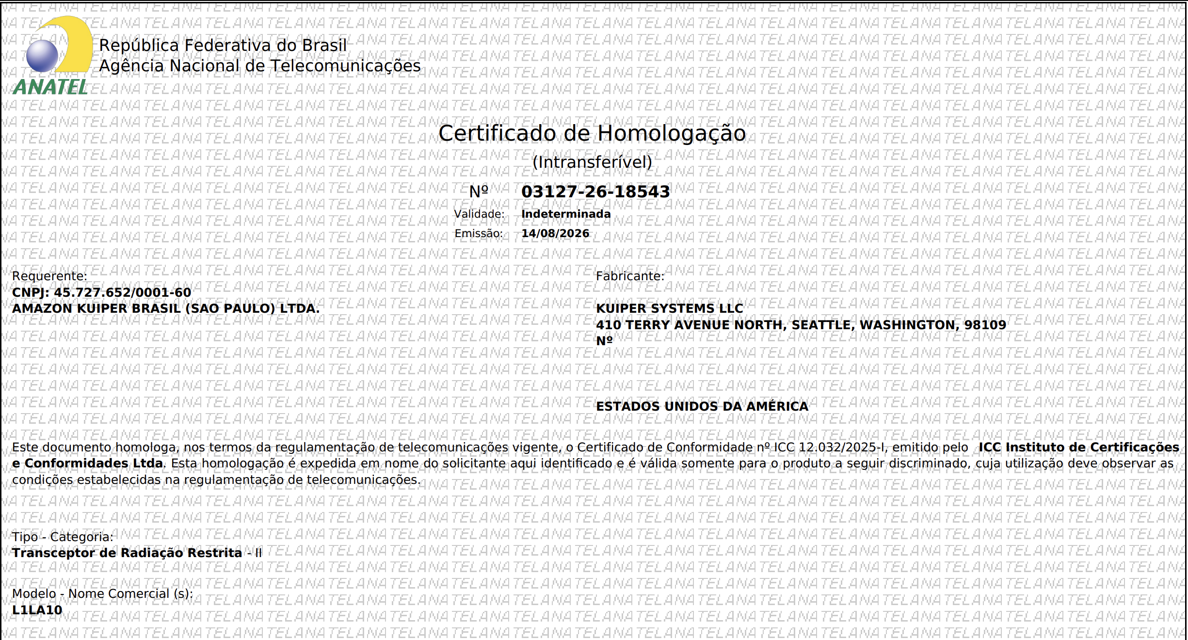 Certificado de homologação da Anatel para o roteador Amazon Leo