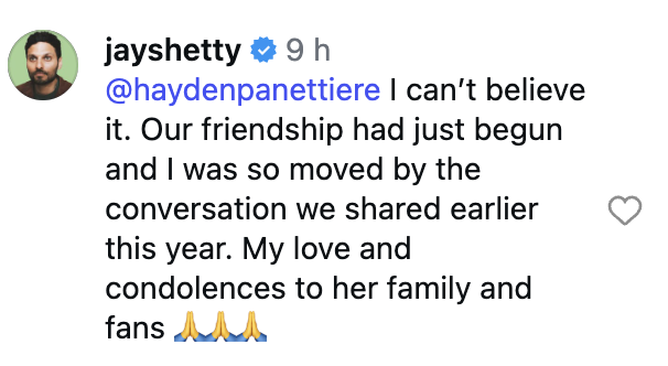 O apresentador Jay Shetty comentou em um post da Variety sobre a morte da atriz Hayden Panettiere