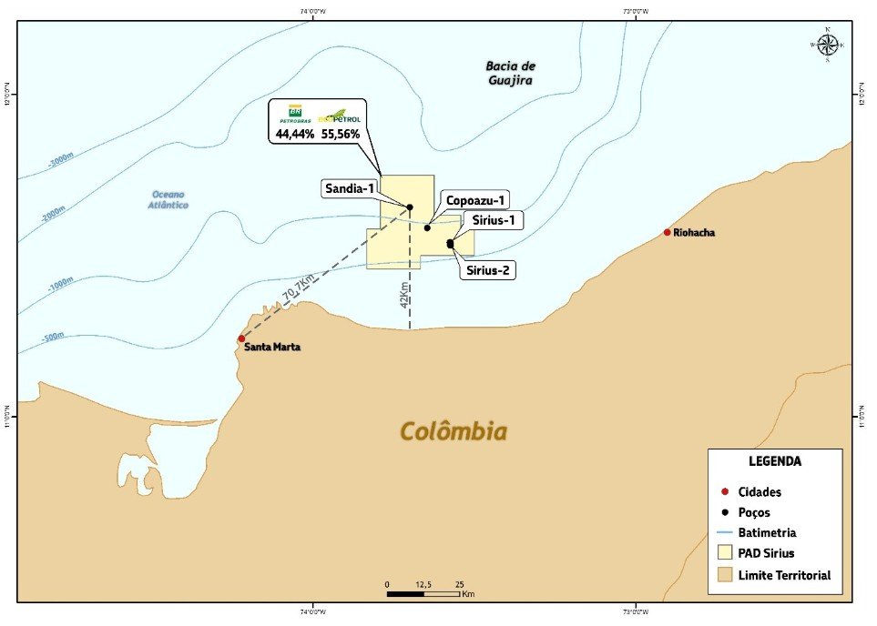 Mapa da costa da Colômbia destacando a localização dos poços de gás natural Sandia, Sirius e Copoazu da Petrobras.