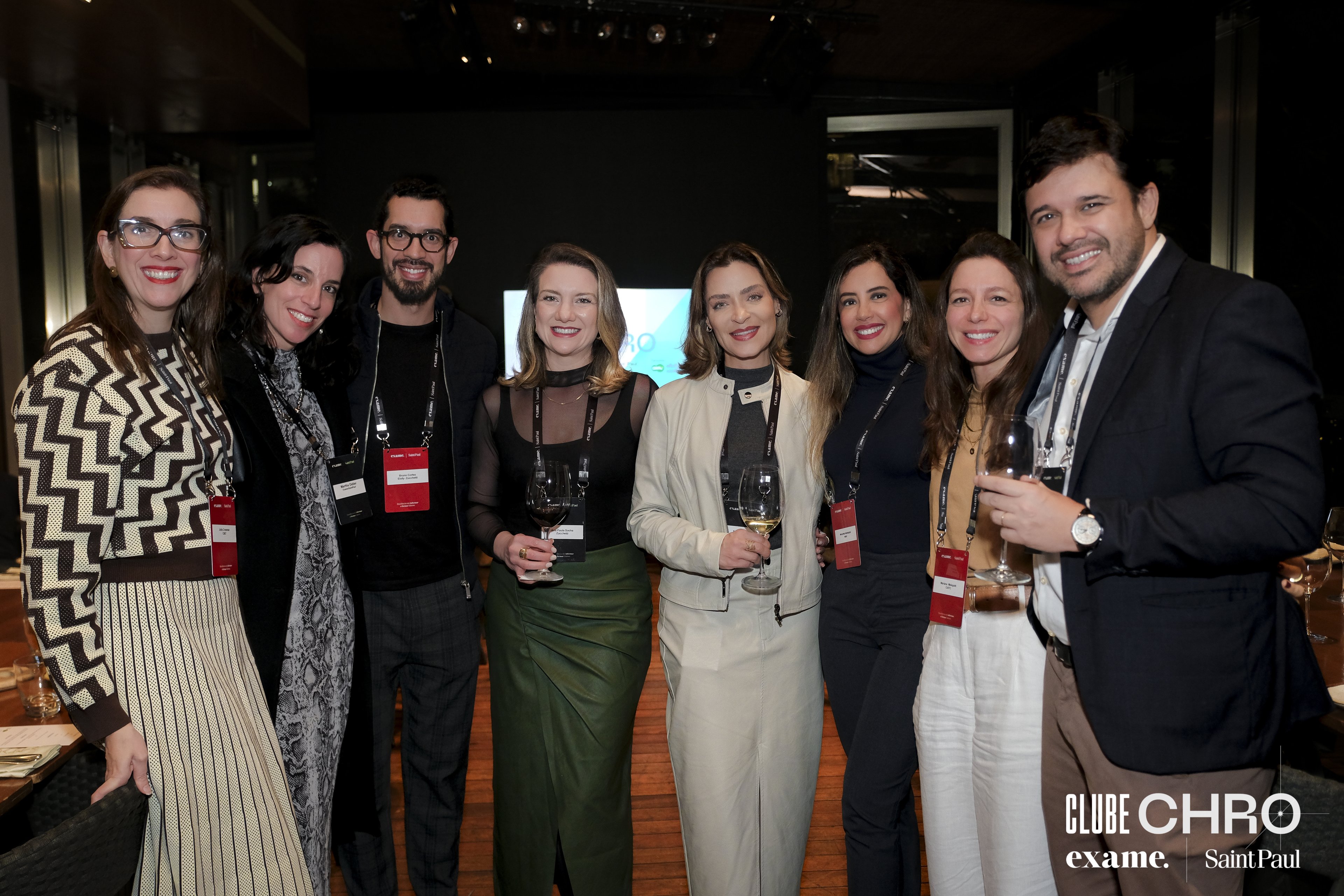 Lilian Giorgi (CHRO para América Latina na Alvarez & Marsal), Martha Didier (Head de Relacionamentos Na Prática e Exame | Saint Paul In Company), Bruno Cortez (CEO Elofy by Zucchetti), Ana Paula Zancanaro Socha (Diretora de RH Zucchetti), Elaine Dantas (CHRO Copastur), Milene Moraes (HR Director Lubrizol), Mariana Malagutti (Diretora de RH e ESG Cia Tradicional de Comércio) e Rodrigo Ladeira (Vice-Presidente de RH, Qualidade e Comunicação Athena Saúde)