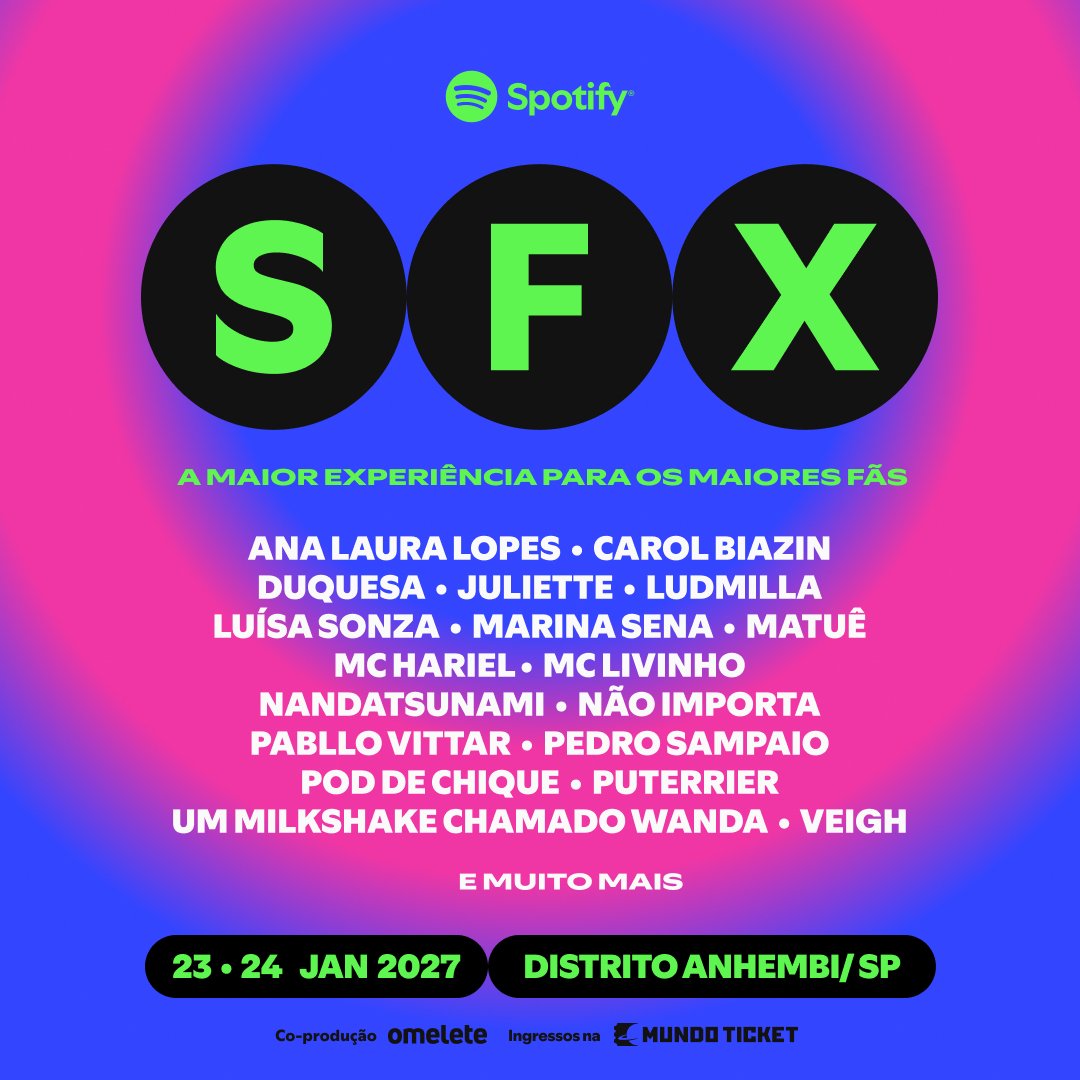 Card colorido com as letras SFX em destaque e informações sobre o festival de superfãs do Spotify.